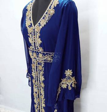 Navy Blue Copper beads Moroccan Kaftan With Sun-proof hijab 4