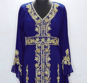 Navy Blue Copper beads Moroccan Kaftan With Sun-proof hijab 5