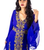 Royal Blue Copper beads luxurious Moroccan Kaftan With Sun-proof hijab.