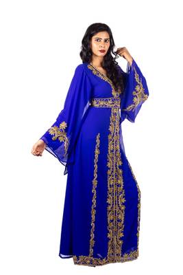 Royal Blue Copper beads Moroccan Kaftan With Sun-proof hijab 2