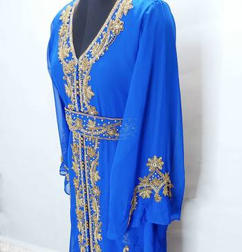Royal Blue Copper beads Moroccan Kaftan With Sun-proof hijab 3