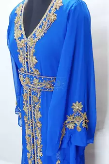 Royal Blue Copper beads Moroccan Kaftan With Sun-proof hijab