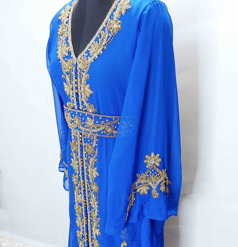 Royal Blue Copper beads luxurious Moroccan Kaftan With Sun-proof hijab.