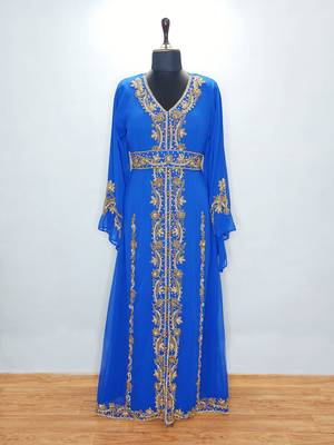Royal Blue Copper beads Moroccan Kaftan With Sun-proof hijab 4