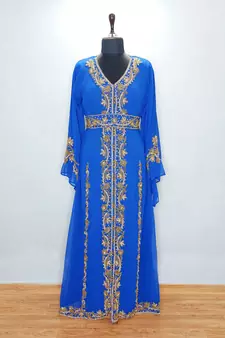 Royal Blue Copper beads Moroccan Kaftan With Sun-proof hijab