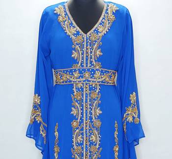 Royal Blue Copper beads Moroccan Kaftan With Sun-proof hijab 5