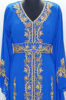 Royal Blue Copper beads Moroccan Kaftan With Sun-proof hijab