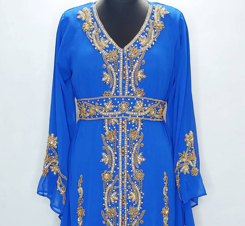 Royal Blue Copper beads luxurious Moroccan Kaftan With Sun-proof hijab.