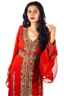 Red Copper beads Moroccan Kaftan With Sun-proof hijab 1