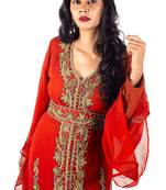 Red Copper beads luxurious Moroccan Kaftan With Sun-proof hijab.