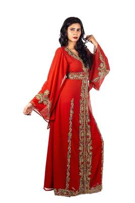 Red Copper beads Moroccan Kaftan With Sun-proof hijab 2