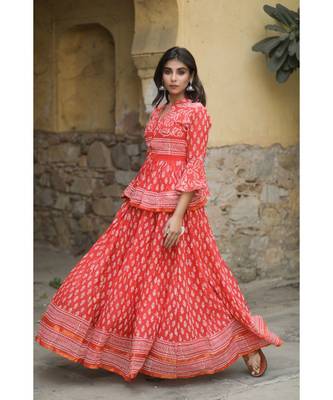 lehenga styled with pure hand block printed paplum top and dupatta with tassels 4