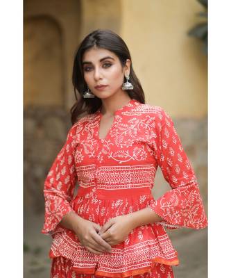 lehenga styled with pure hand block printed paplum top and dupatta with tassels 5