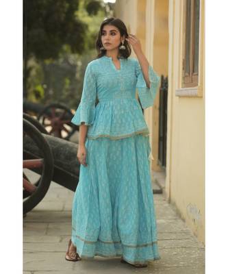 lehenga styled with pure hand block printed paplum top and dupatta with tassels 4