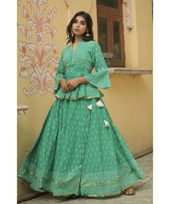 lehenga styled with pure hand block printed paplum top and dupatta with tassels 5
