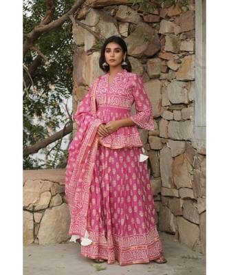 lehenga styled with pure hand block printed paplum top and dupatta with tassels 1