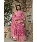 lehenga styled with pure hand block printed paplum top and dupatta with tassels