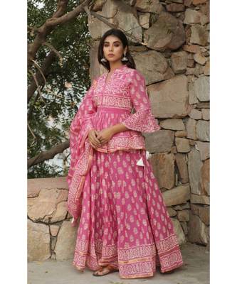 lehenga styled with pure hand block printed paplum top and dupatta with tassels 3
