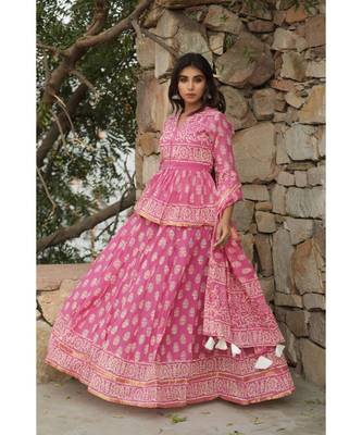 lehenga styled with pure hand block printed paplum top and dupatta with tassels 4