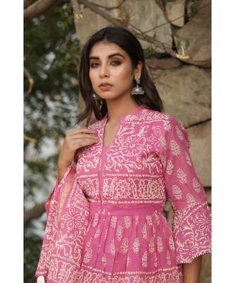 lehenga styled with pure hand block printed paplum top and dupatta with tassels 5
