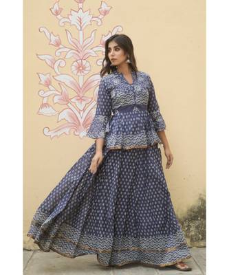 lehenga styled with pure hand block printed paplum top and dupatta with tassels 4
