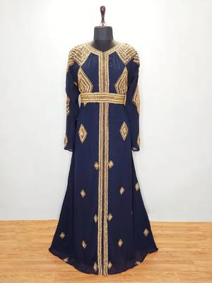 Navy Blue Diamond Design Moroccan Kaftan with Sun-proof hijab 3