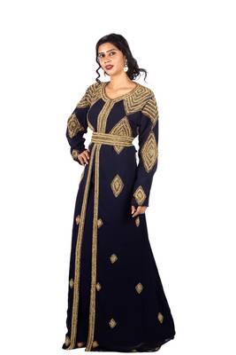 Navy Blue Diamond Design Moroccan Kaftan with Sun-proof hijab 1