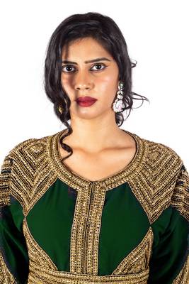 Bottle Green Diamond Design Moroccan Kaftan with Sun-proof hijab 1