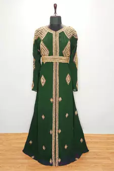 Bottle Green Diamond Design Moroccan Kaftan with Sun-proof hijab