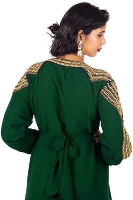 Bottle Green Diamond Design Moroccan Kaftan with Sun-proof hijab 5