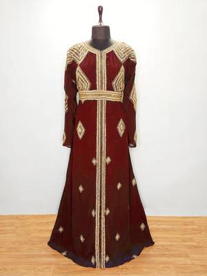 Marron Diamond Design Moroccan Kaftan With Sun-proof hijab 2