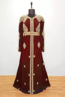 Marron Diamond Design Moroccan Kaftan With Sun-proof hijab