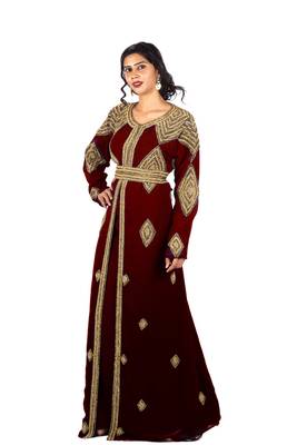 Marron Diamond Design Moroccan Kaftan With Sun-proof hijab 3