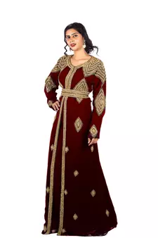 Marron Diamond Design Moroccan Kaftan With Sun-proof hijab