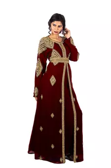 Marron Diamond Design Moroccan Kaftan With Sun-proof hijab
