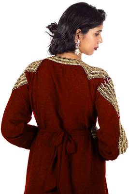 Marron Diamond Design Moroccan Kaftan With Sun-proof hijab 5