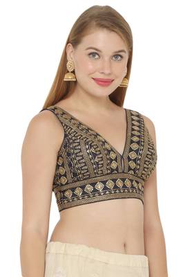 Salwar Studio Women's Navy Blue Art Silk Readymade Saree Blouse 3