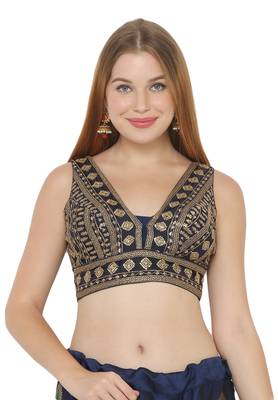 Salwar Studio Women's Dark Blue Art Silk Readymade Saree Blouse 1