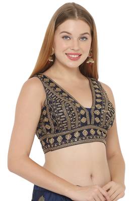 Salwar Studio Women's Dark Blue Art Silk Readymade Saree Blouse 3