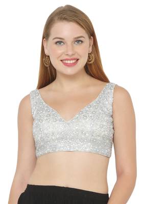 Salwar Studio Women's Silver Net Readymade Saree Blouse 1