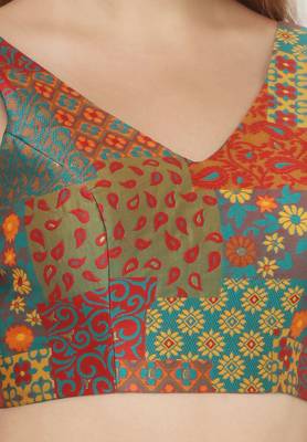 Salwar Studio Women's Rama Green Jacquard Readymade Saree Blouse 4