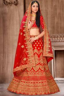 Red Satin Embroidery Designer Wedding Lehenga