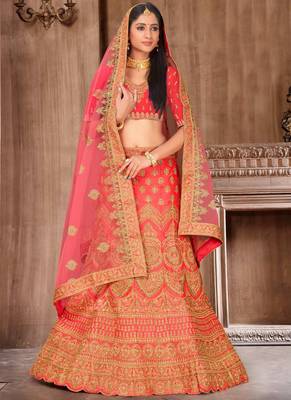 Pink Satin Embroidery Designer Wedding Lehenga 1