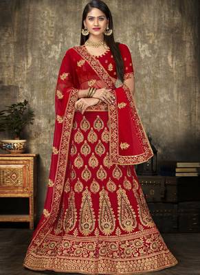 Red Velvet Heavy Embroidery Designer Lehenga 1