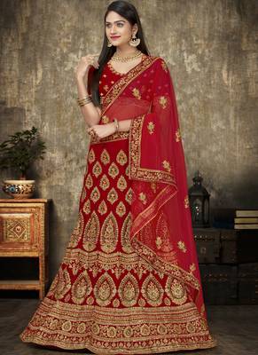 Red Velvet Heavy Embroidery Designer Lehenga 1