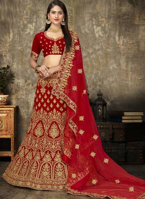 Red Velvet Heavy Embroidery Designer Lehenga 1