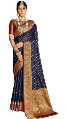 Navy blue woven silk saree with blouse 1