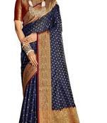 Navy blue woven silk saree with blouse