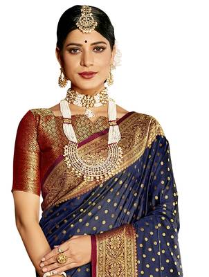 Navy blue woven silk saree with blouse 2