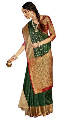 Dark green woven silk saree with blouse 1